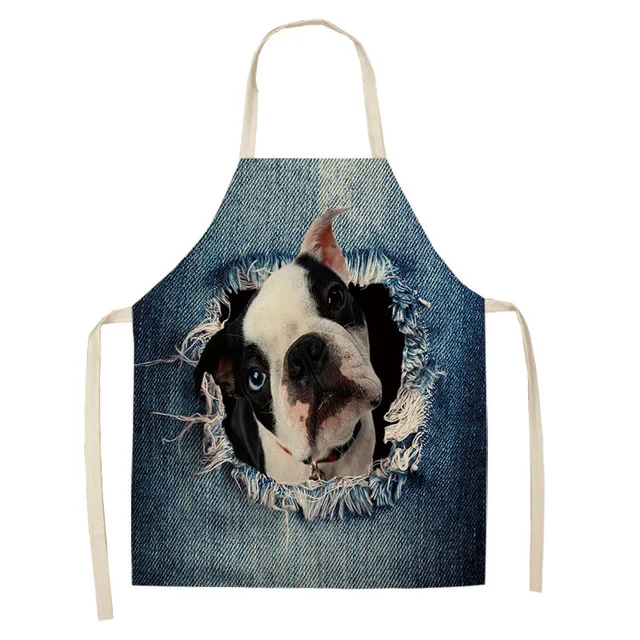 1Pcs Bulldog Dachshund Kitchen Aprons Unisex Dinner Party Cooking Waist Bib Cotton Linen Pinafore Cleaning Tools 55x68cm