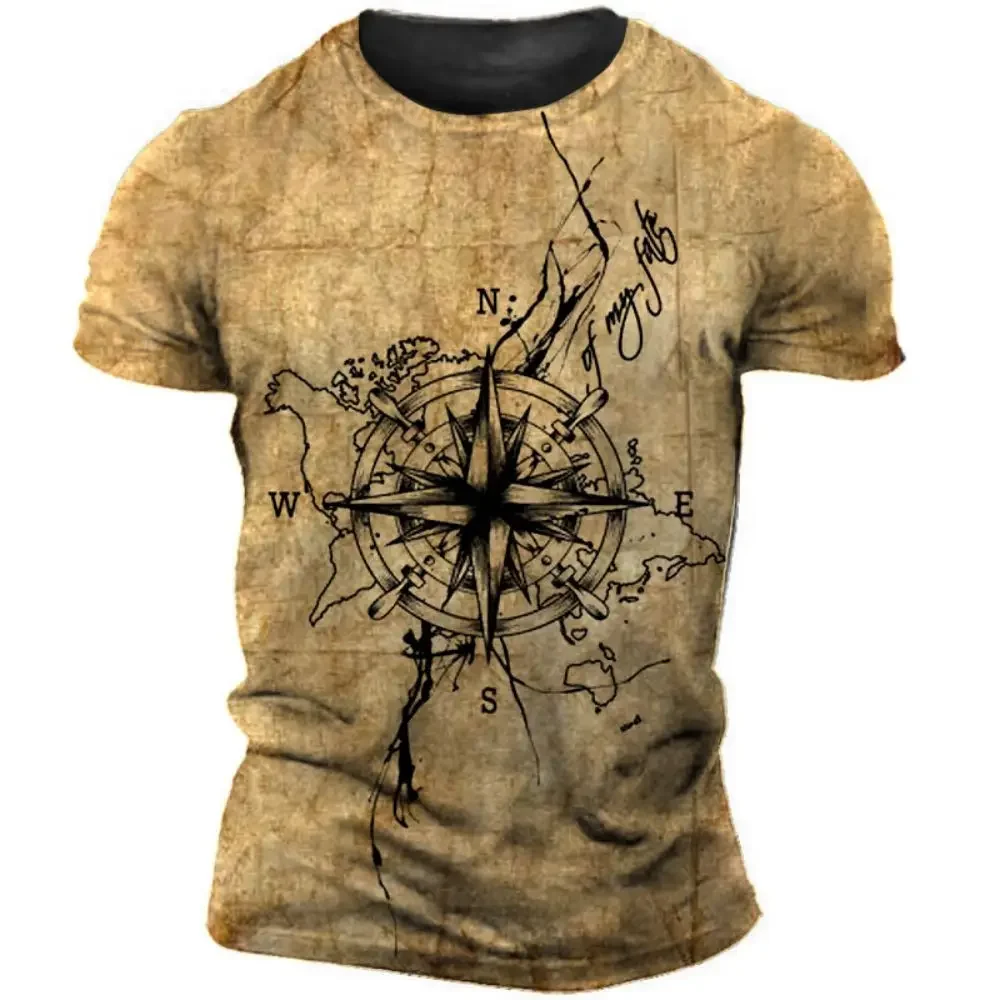 

Men's 3D compass printed vintage T-shirt, round neck large shirt, street punk, quick drying large men's short sleeved