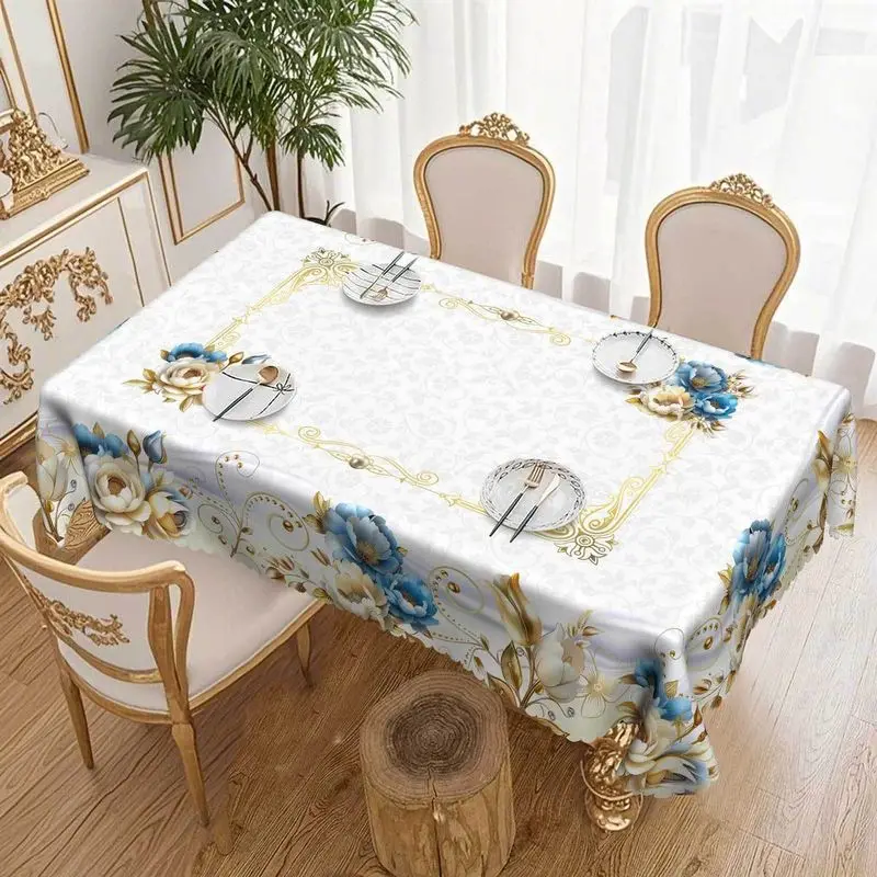 VIKAMA Morandi Blue Gold Watercolor Leaf Tablecloth Light Rectangular Waterproof Soft Nature Dining Table Decor Cover