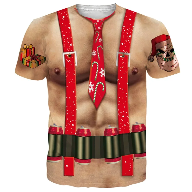 مضحك عيد الميلاد تي شيرت للرجال ثلاثية الأبعاد العضلات طباعة قصيرة الأكمام س الرقبة بلايز الشارع الشهير الذكور المتضخم بلايز الحفلات عادية #2