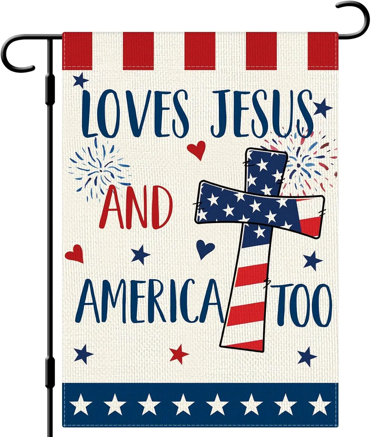 DLZDN 4th of July Garden Flag 12×18 Inch Loves Jesus and America Too Double Side Vertical Burlap Farmhouse Yard Flag Indepen IIC