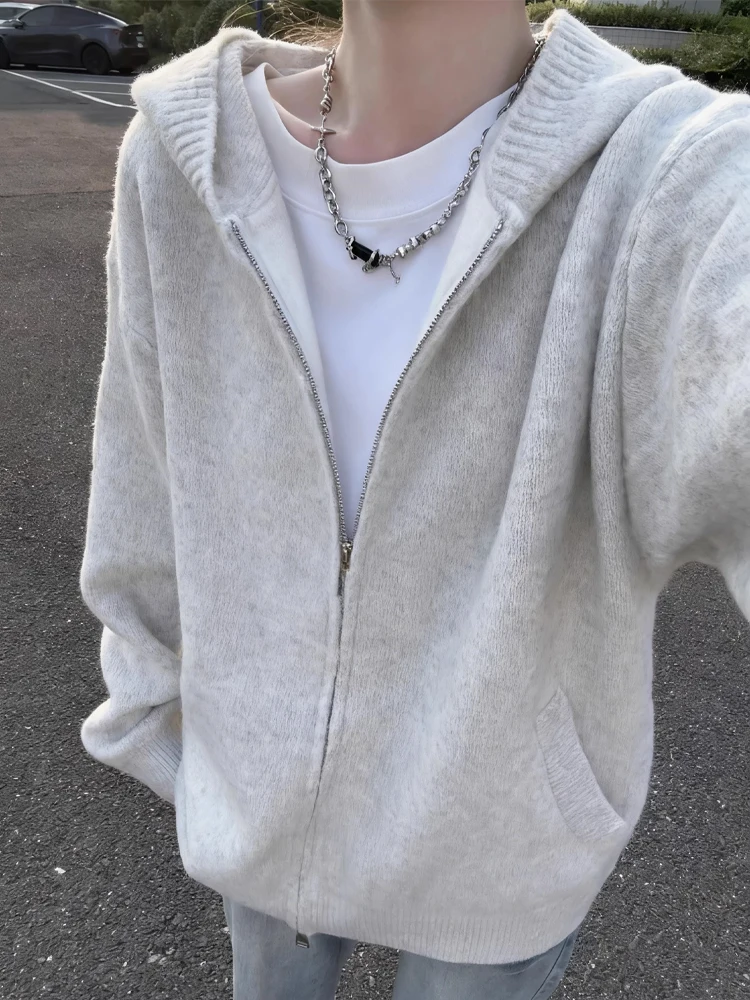 

Легкий вязаный кардиган с капюшоном, мужской повседневный кардиган с двойной молнией, осенняя одежда, удобный мягкий материал, чистая одежда