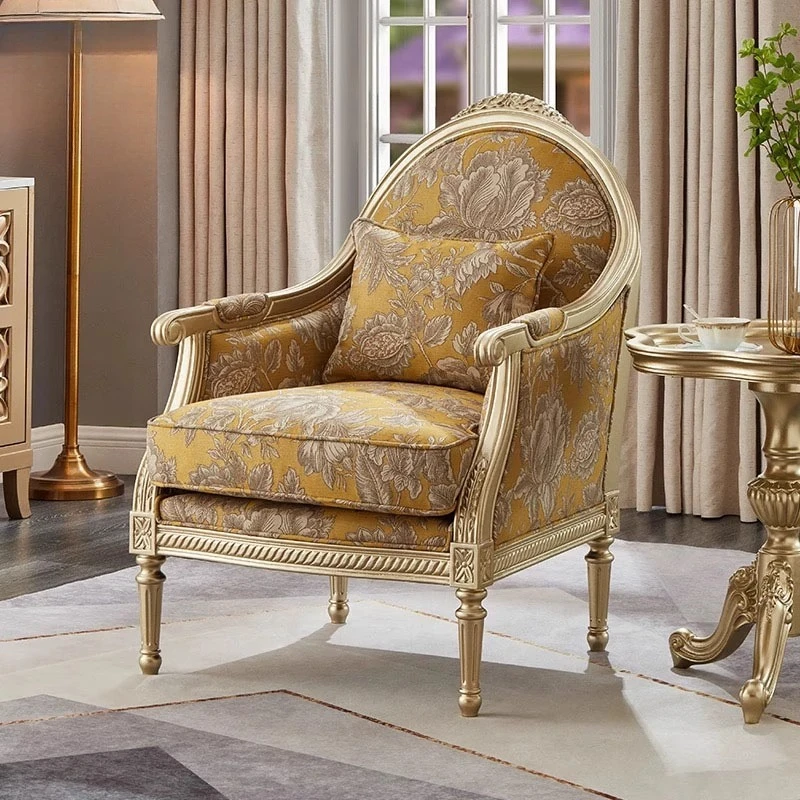 

solid wood carving flower single sofa chair fabric jacquard living room leisure negotiation chair sofa pedal