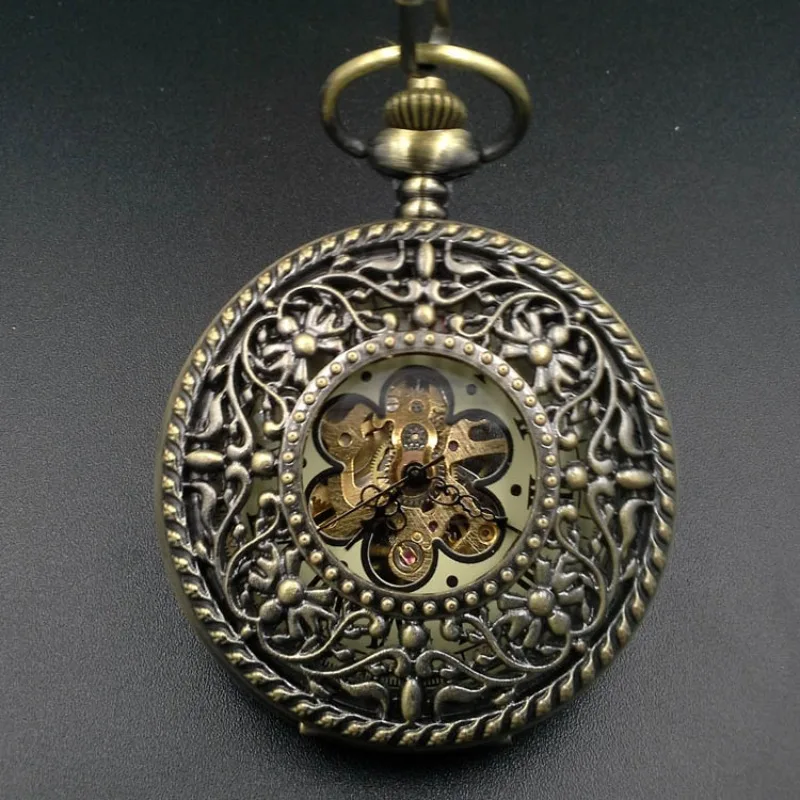 Manual mechanical pocket watch vintage carved hollow flip bronze creative Roman dial mechanical pocket watch