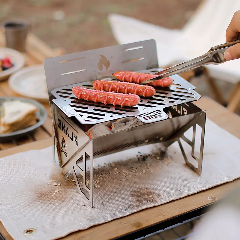 Portable Stainless Steel Card Stove, Foldable Charcoal BBQ Grill for Camping Picnic, Outdoor Barbecue Fire Pit