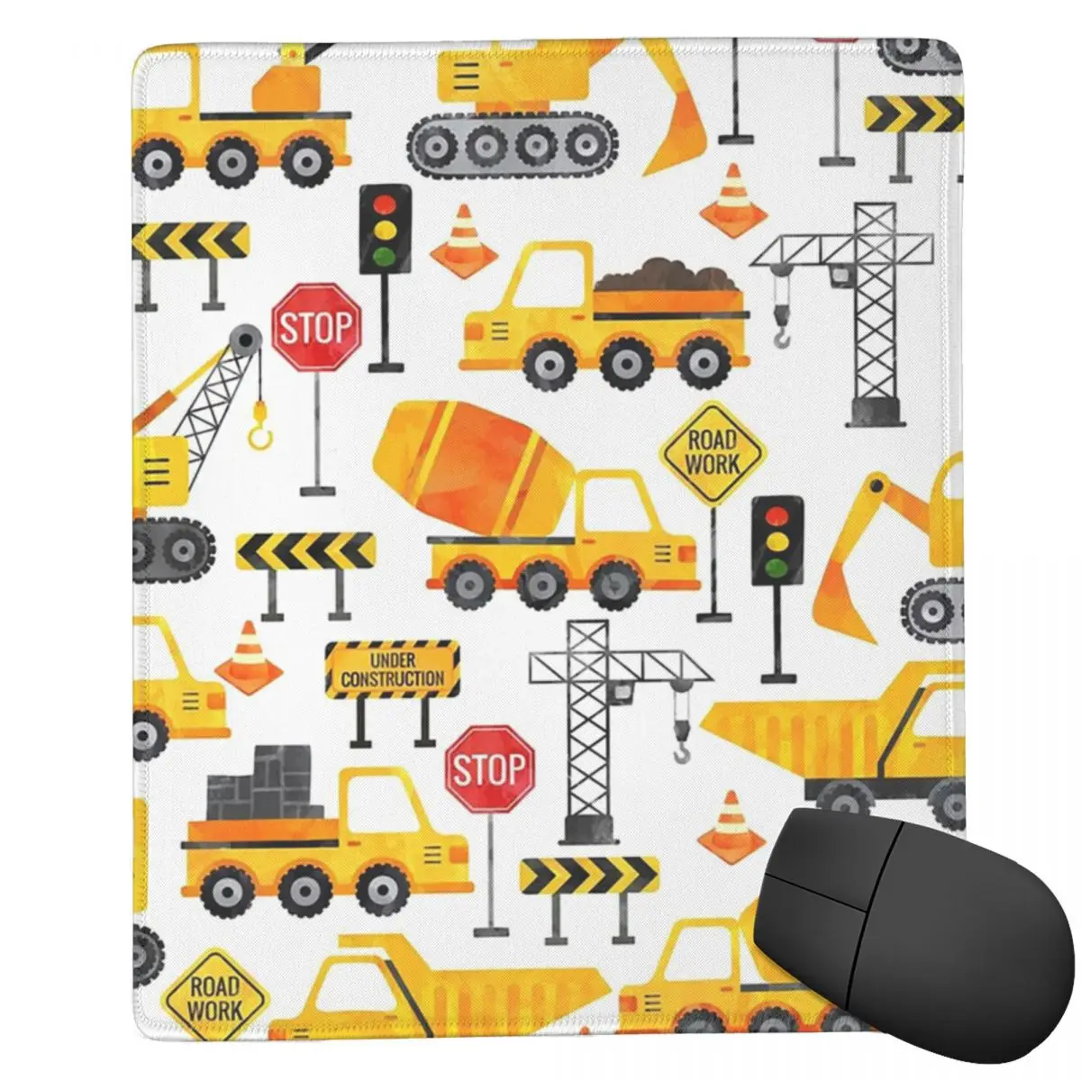 Tapis de souris sur le thème des travaux routiers, avec des véhicules de chantier et des motifs aquarellés, pour clavier d’ordinateur, tapis de souris pour jeux, ordinateur portable, bureau, accessoires de bureau.