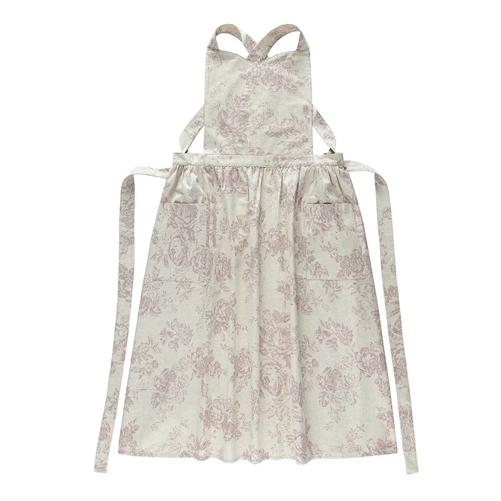 

Cotton Linen Women Aprons Vintage Palace Style Flower Pattern Dress Aproning Waterproof Oil Resistant Sleeveless Garden Apron