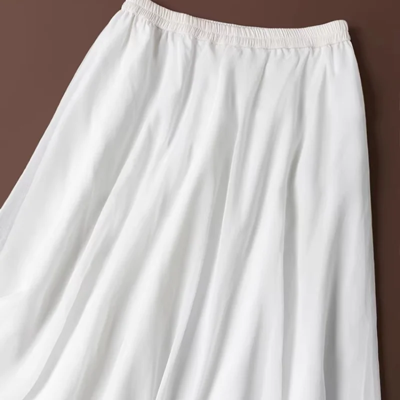Birdtree, 100% Silk Solid Skirt, Bias-cut Women Chiffon Double Layer Elegant Skirts, Elastic Waist, 2026 Spring New D63413JF