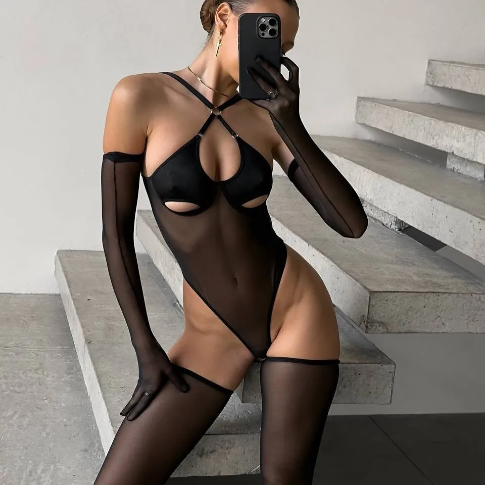 

Женское сетчатое боди, цельный прозрачный лоскутный дизайн с подвязками на шее, сексуальный комбинезон, женское нижнее белье, без чулков