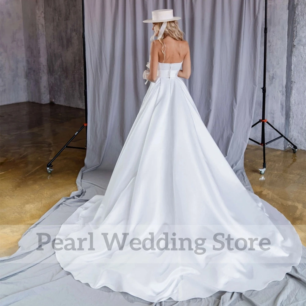 Modern Strapless Wedding Dresses A-Line Floor Length Sleeveless Bride Marriage Dress with Bow and Belt Backless Bridal Gowns