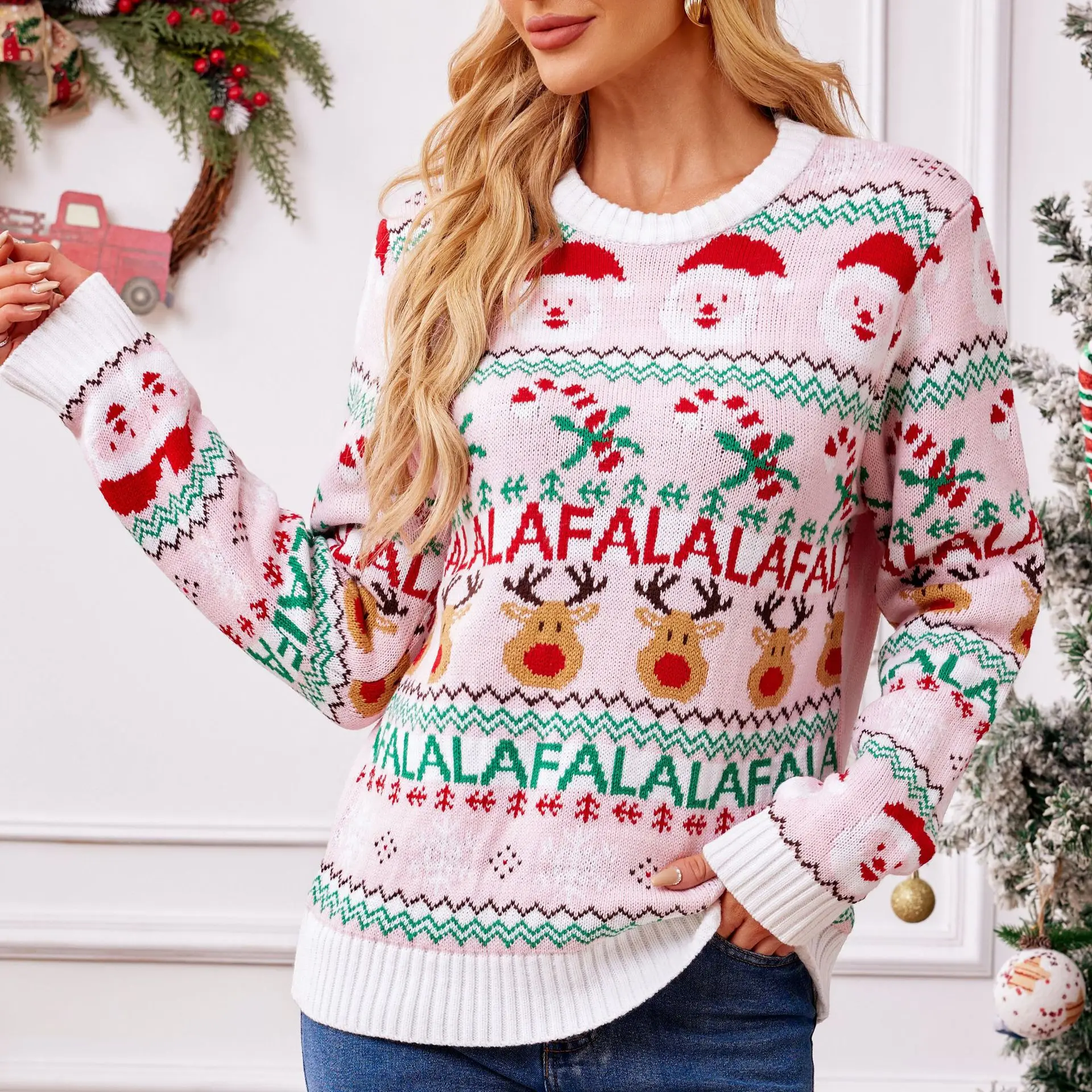 

2025 New Winter Pink Print Cute Soft Christmas Knitwear Long Sleeve O Neck Casual Loose Jumpers Jacquard Pullover Tops Xmas Look