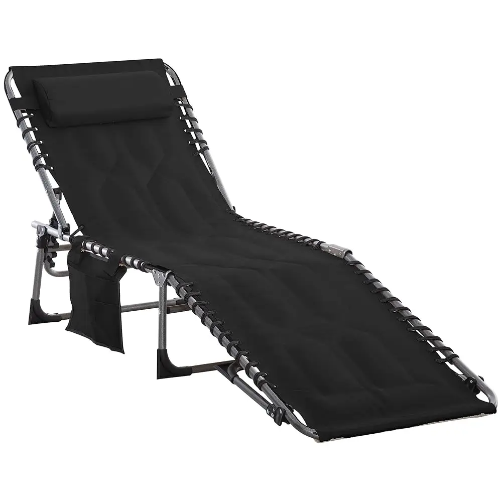 

Padded Folding Chaise Lounge Chair, Outdoor 6-Level Reclining Camping Tanning Chair With Headrest For Beach, Yard, Patio, Pool,
