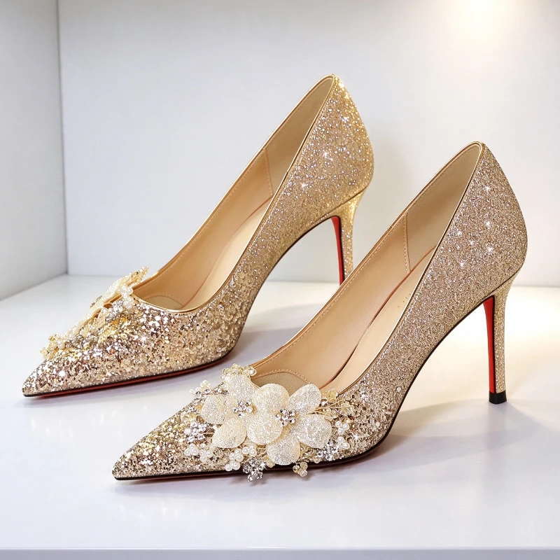 Glitter Pointed Toe Women's Pumps and Heels Pearl Crystal Flower Decor Bridal Shoes Ladies Elegant Evening Designer Dress Shoes