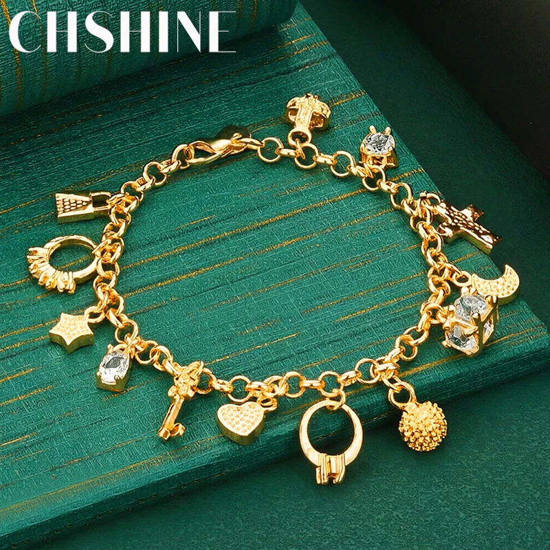 925 Sterling Silver 18K Gold  Multi Charms Bracelet Moon Star Cross Key Pendant Lobster Clasp Fashion Jewelry Women Gift