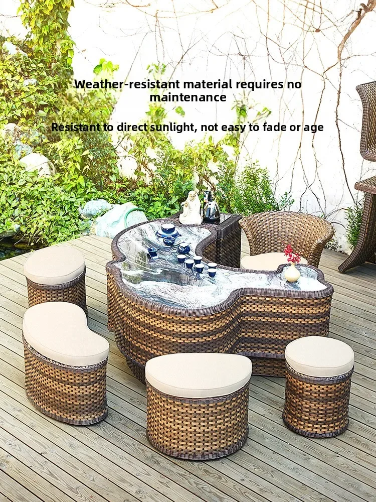 Medieval style tea table and chair combination courtyard large tea table sun room rattan coffee table garden hotel creative