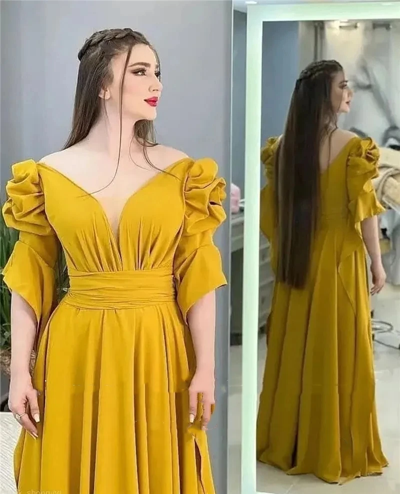 Romantic Yellow Chiffon Long Prom Dresses V Neck Puff Half Sleeves A-Line Floor Length Evening Gown Plus Size Formal Dress