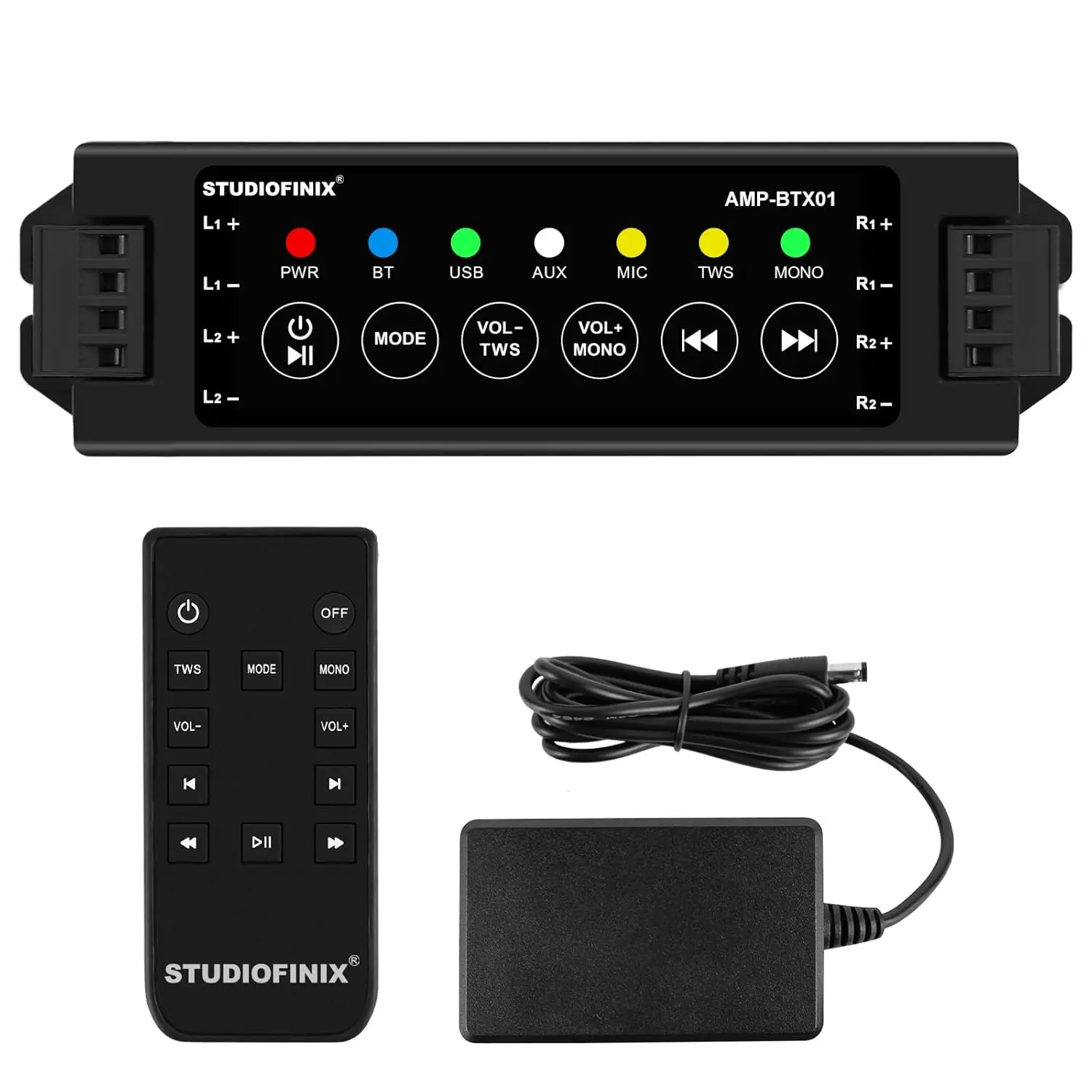 STUDIOFINIX Wall Mount 4Channel Amplifier 19V3A Bluetooth 5.0 + IR Remote + TWS PowerOff Memory for Home Garage Ceiling Speakers