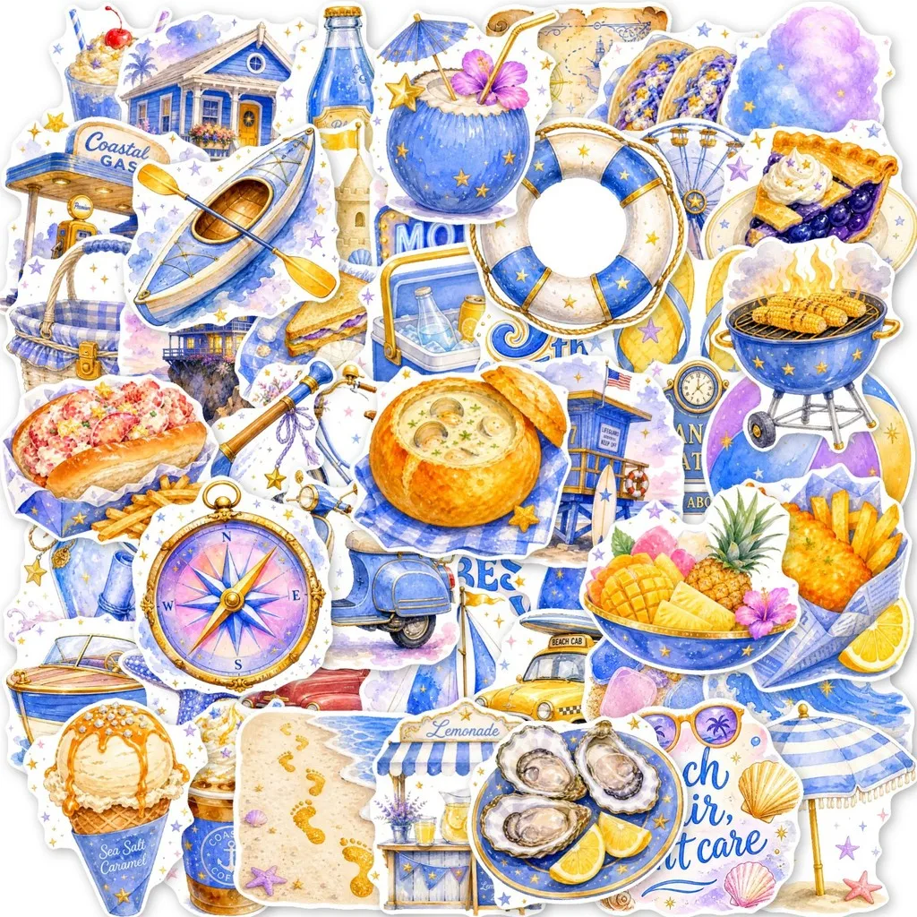 50Pcs Blue‑Tone Seaside Themed Stickers, Ocean Element Vacation‑style Waterproof Decals for Journal DIY Giajar Sticker Store