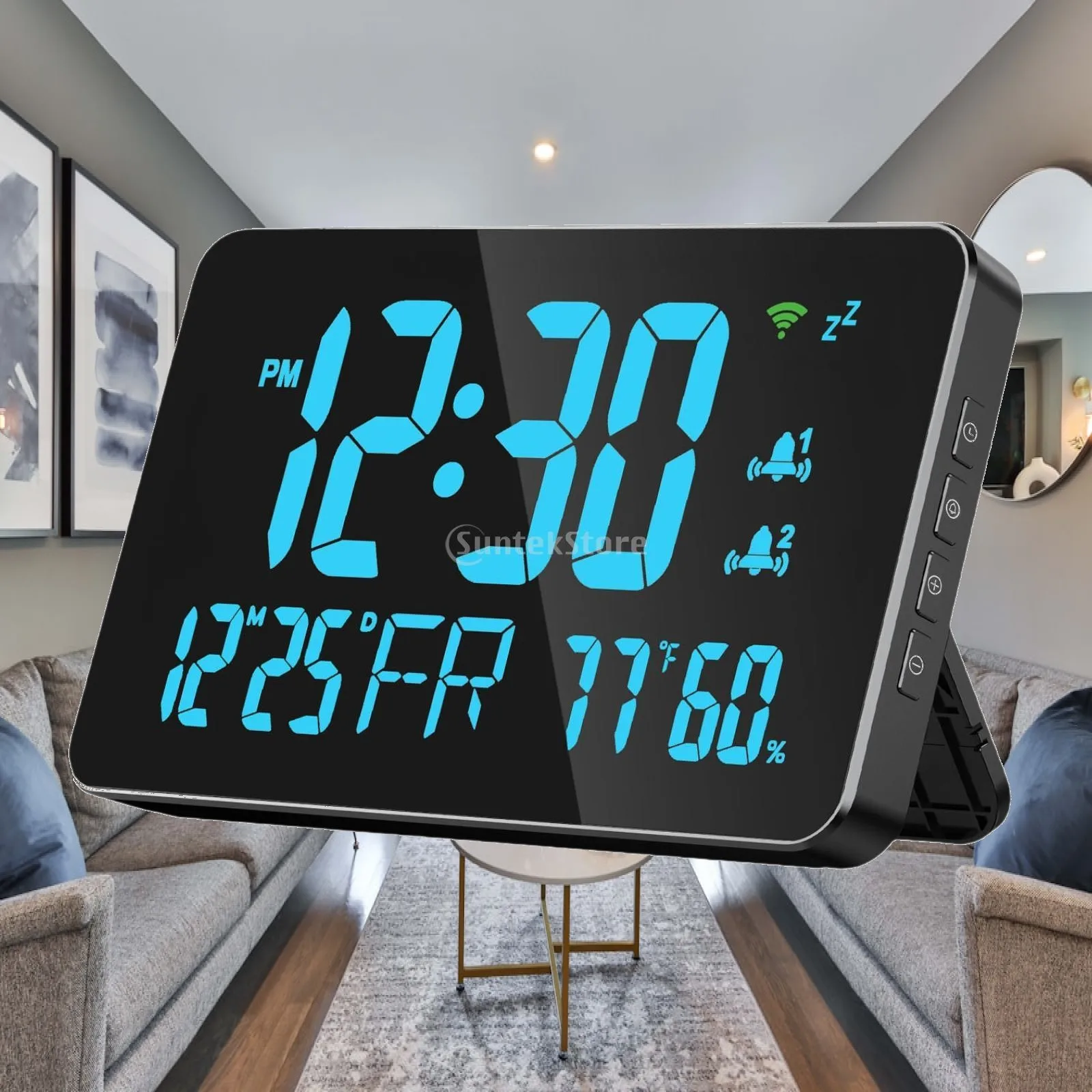 Digital Wall Clock Large Display LED with Date Temperature Humidity Alarm Snooze App Control Brightness Adjustable for Living