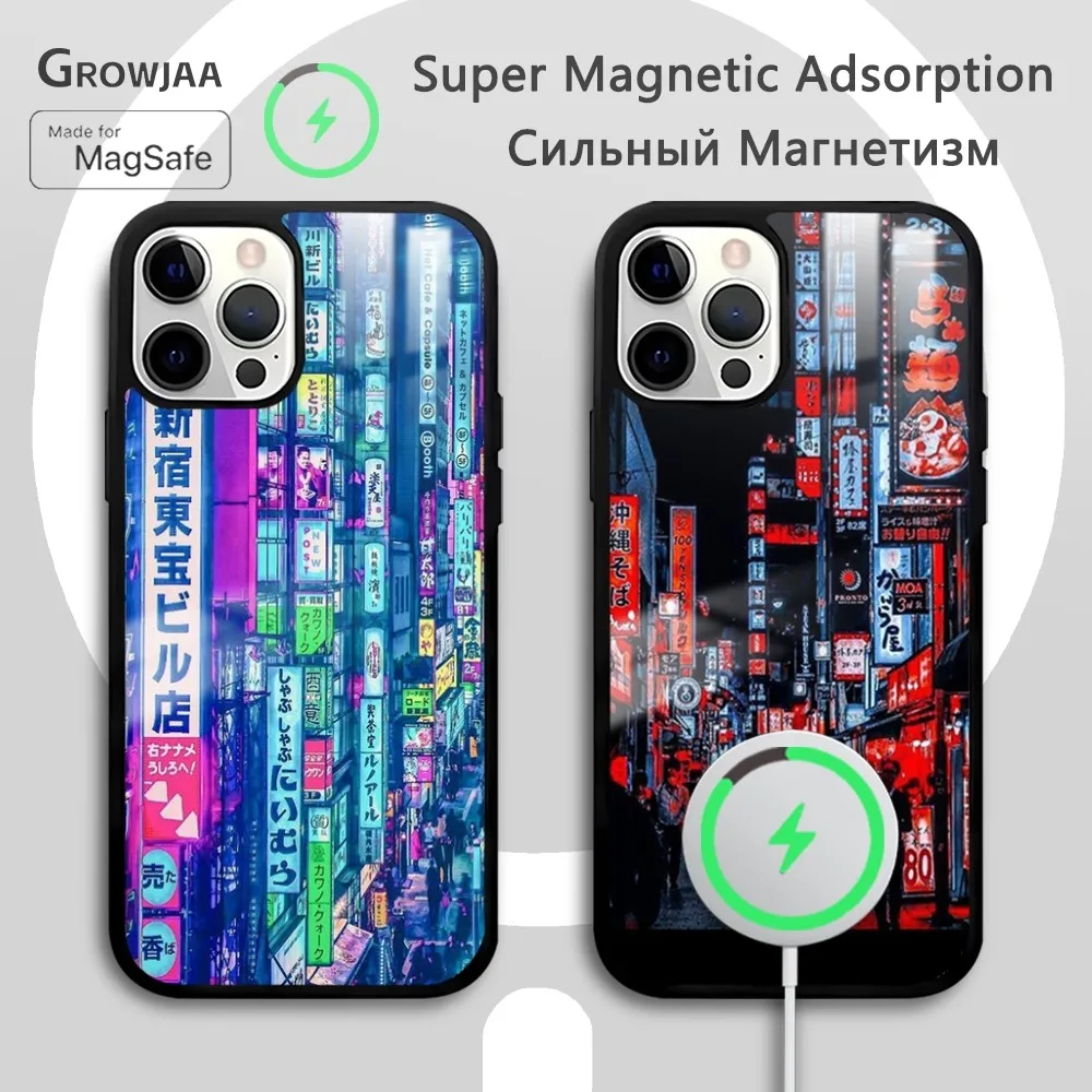 Japan Aesthetic Tokyo Neon Street Magsafe Phone Case For iPhone 15 14 13 12 11 Pro Max Plus Mini Mirror Wireless Magnetic Funda