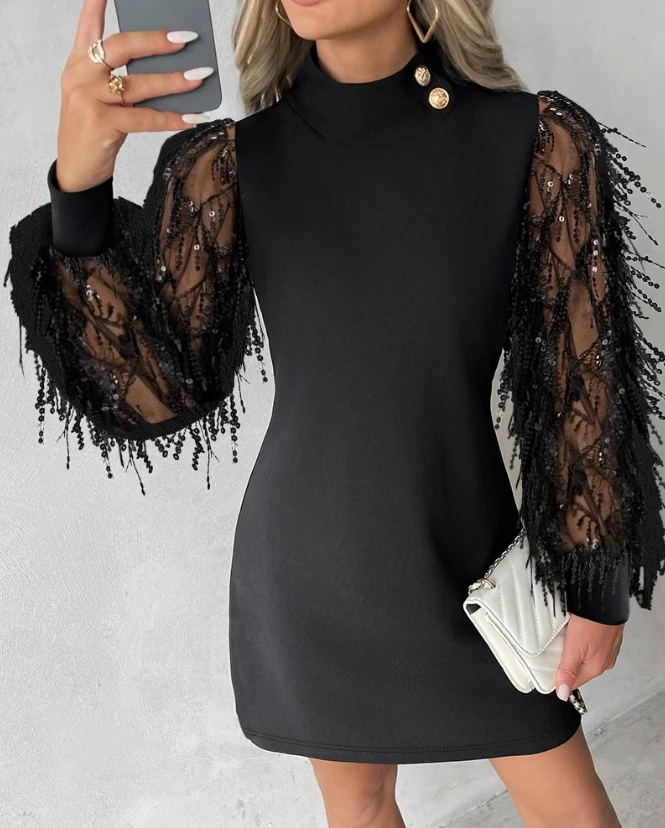 

Woman Sequin Tassel Design Casual Dress Temperament Commuting Female Clothing New Women's Fashion Lantern Sleeve Elegant Dresses