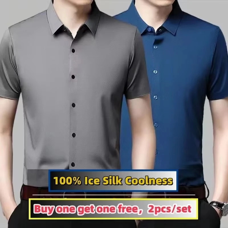 Men Mulberry Silk Dress Shirts Business Wrinkle Resistant No-iron Trendy High End Man Tops & Tees Ice Cool Shirt Summer Clothing