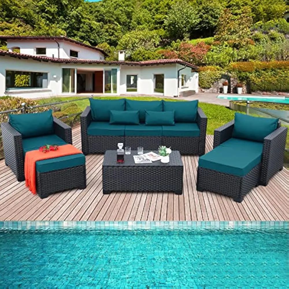 

Garden Patio Furniture Set 6 Pieces Couch Outdoors Chairs Coffee Tables Peacock Blue Anti-Slip Cushions and Waterproof Covers