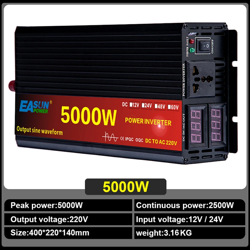 12V/24V 220V 2000/3000/4000W Zuivere Sinus Omvormer Voltage Transformator Dc 12V Naar Ac 220V Converter + 2 Led Display