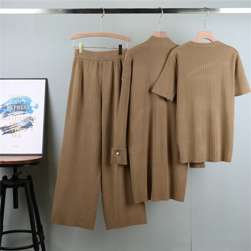 2024 New Women Knitted Three Pieces Sweater Suit Korean Jumper Cardigan Pants Sweater Set Autumn Outfits Solid Tracksuit 
