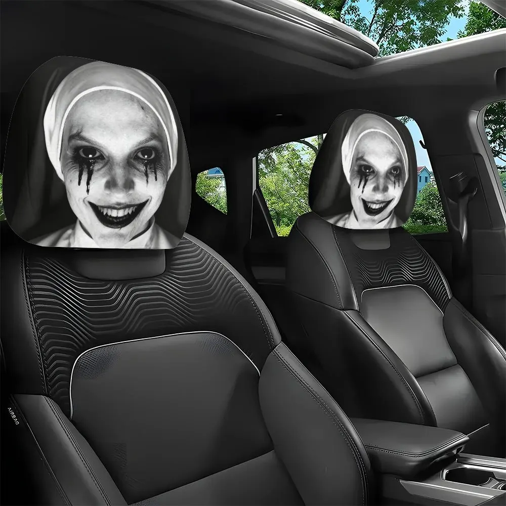 2 housses d'appui-tête de voiture imprimées avec des images de nonnes noires effrayantes, adaptées à toutes les saisons, en tissu doux et confortable, durables