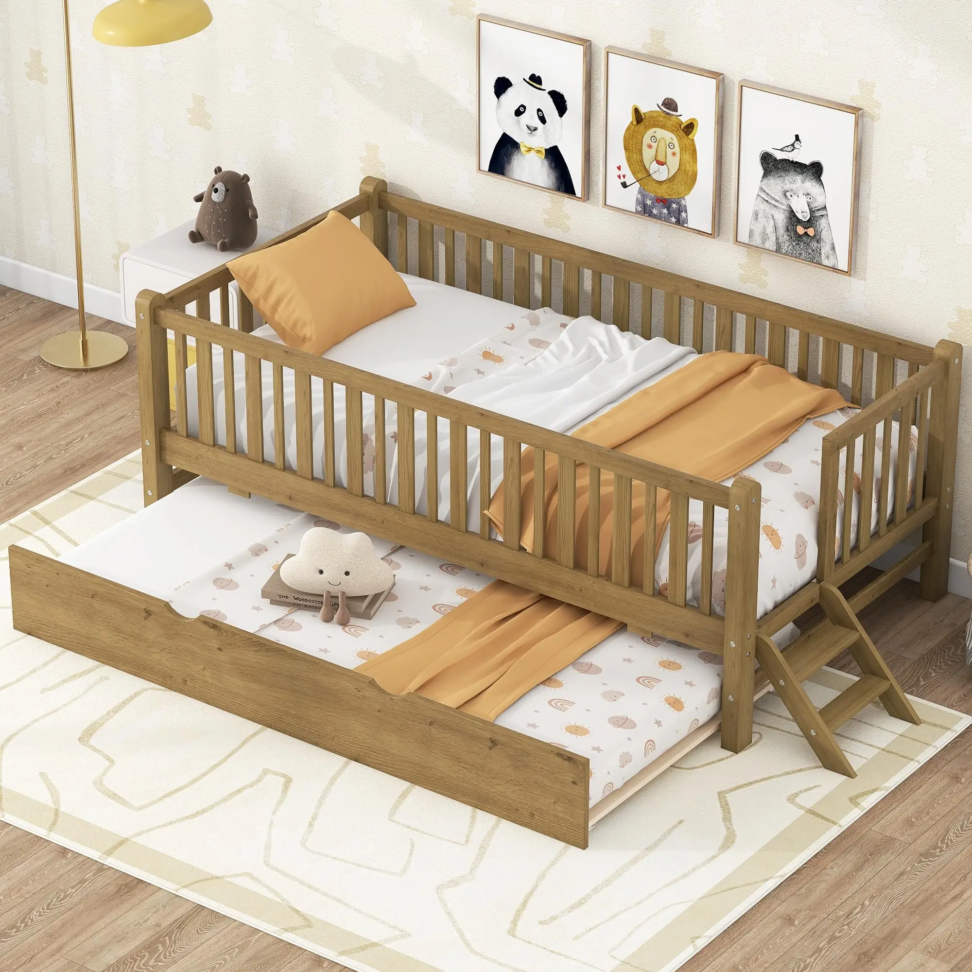 Montessori Bed with Trundle & High Rails,Twin Size Low Profile Montessori Bed Frame with Two-Step Ladder and Fence,Easy