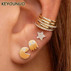 KEYOUNUO-pendientes de tuerca rellenos de oro y plata para mujer, Piercing de estrella de circón, puños de oreja, pendientes de sonrisa Irregular, joyería al por mayor