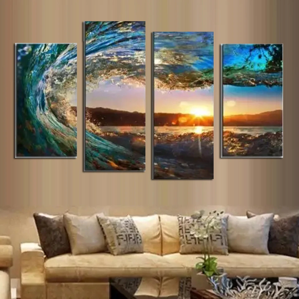 4 pcs Diamond Painting 5D Full Square/ Round Drill Wave Landscape Diamond Mosaic Rhinestone Embroidery Cross Stitch Picture