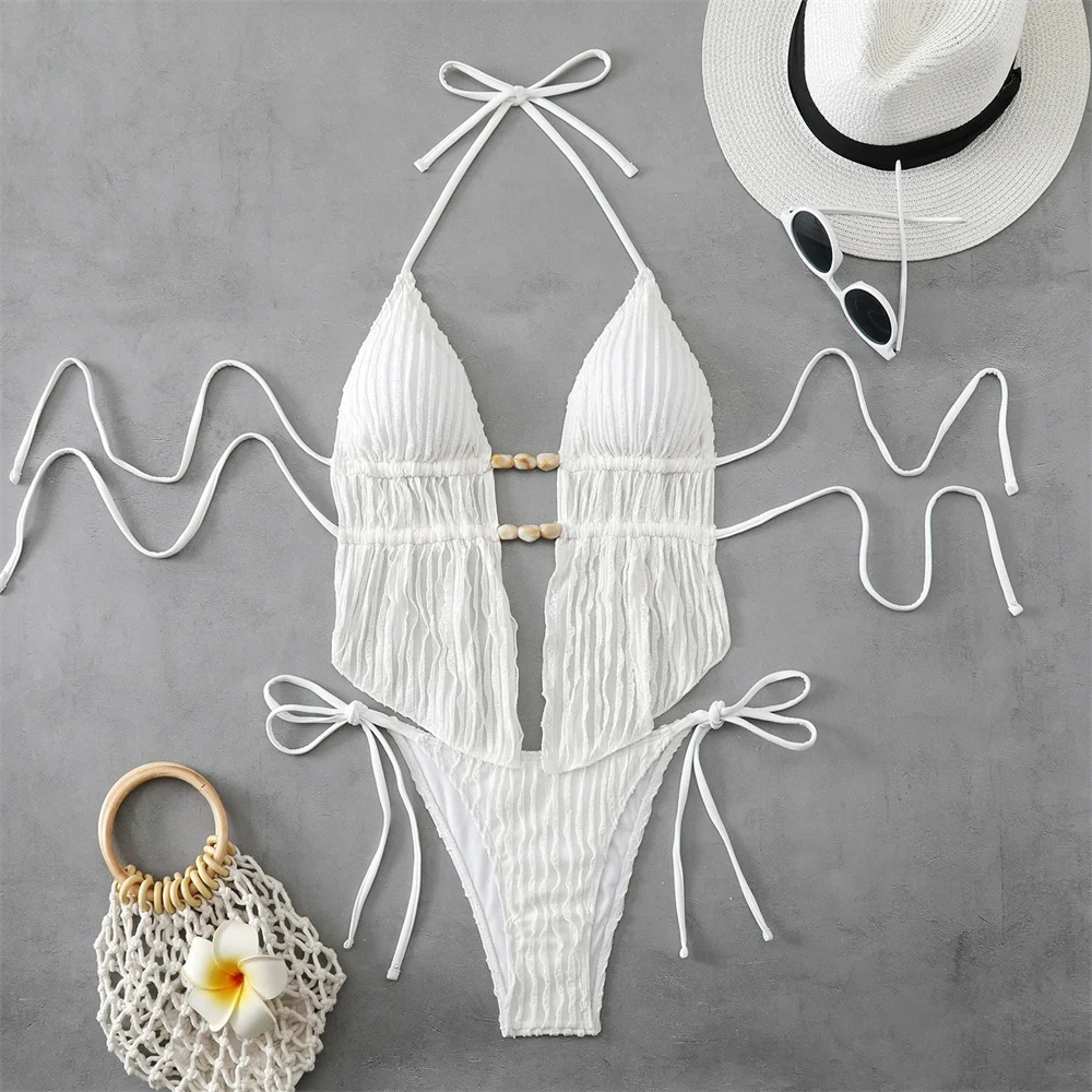 Mirco Beaded String Bikini Pleated Swimsuit Women Backless Tankini 2 Piece Outfit Lace Up Set Beach Brazilian Vacation Swimwears
