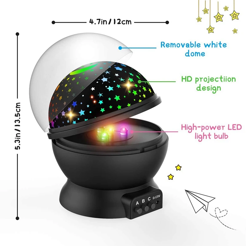 Lua rotativa e estrela noite luz projetor, luz do quarto das crianças, presentes de festa e aniversário, preto