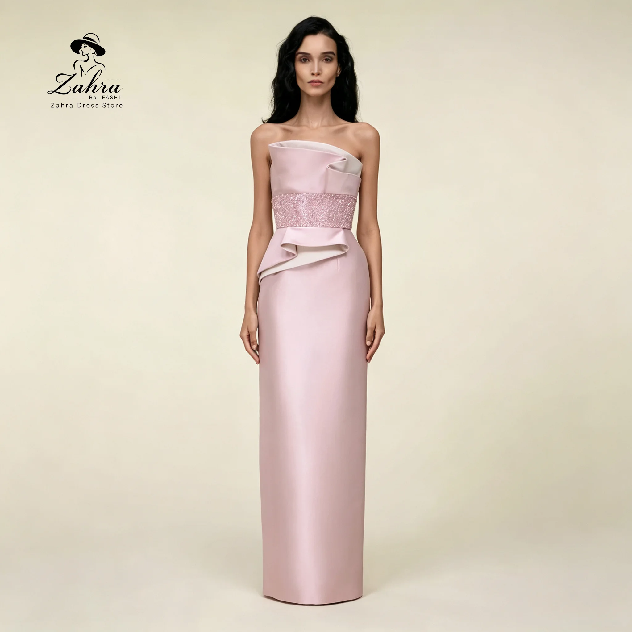 Luxury Blush Pink Strapless Evening Dresses with Asymmetrical Neckline Wide Waistband Timeless Satin Prom Dresses Maxi Gown