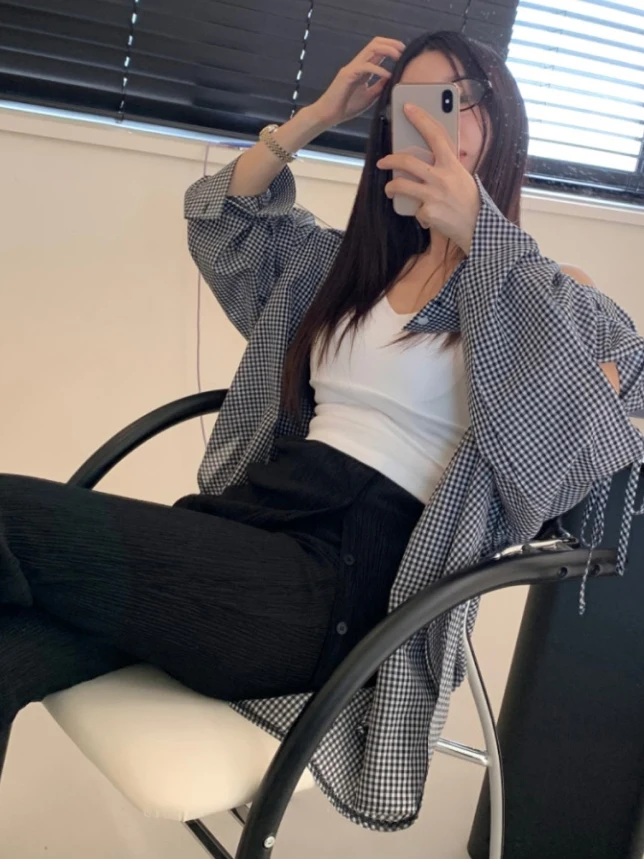 여성용 루즈핏 셔츠 민소매 홀로우 아웃 타이 넥 폴로 칼라 미디 길이 코튼 체크무늬 여름 패션 출퇴근 스타일