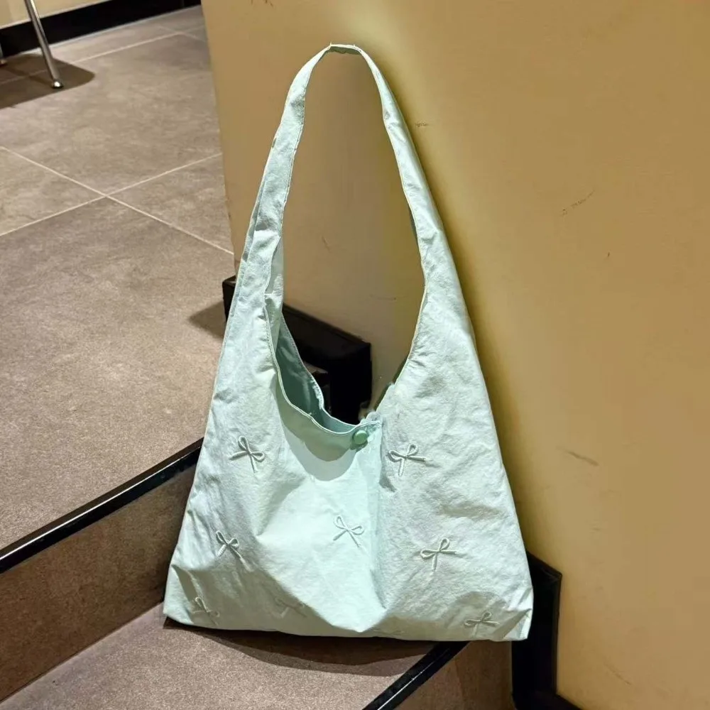 Bowknot Embroidered Canvas Tote Sweet Style Large Capacity Shoulder Bag Korean Fashion Solid Color Commute Handbag School Life