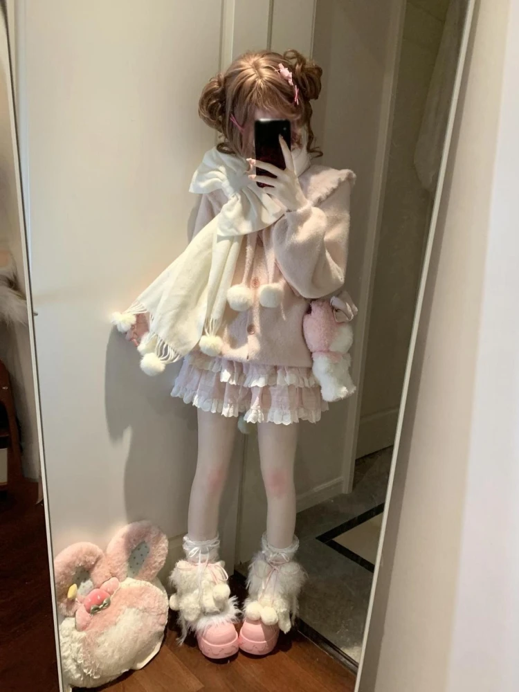 Harajuku الحلو محبوك سترة بلايز المرأة 2025 الخريف الشتاء جديد سترة فضفاضة غير رسمية Y2k E-فتاة طويلة الأكمام Kawaii البلوز