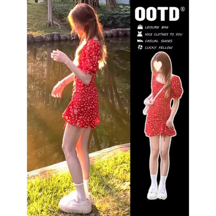 

【New style】New style small French square collar red floral dress summer women's dress with bubble sleeves and waist waist skirt