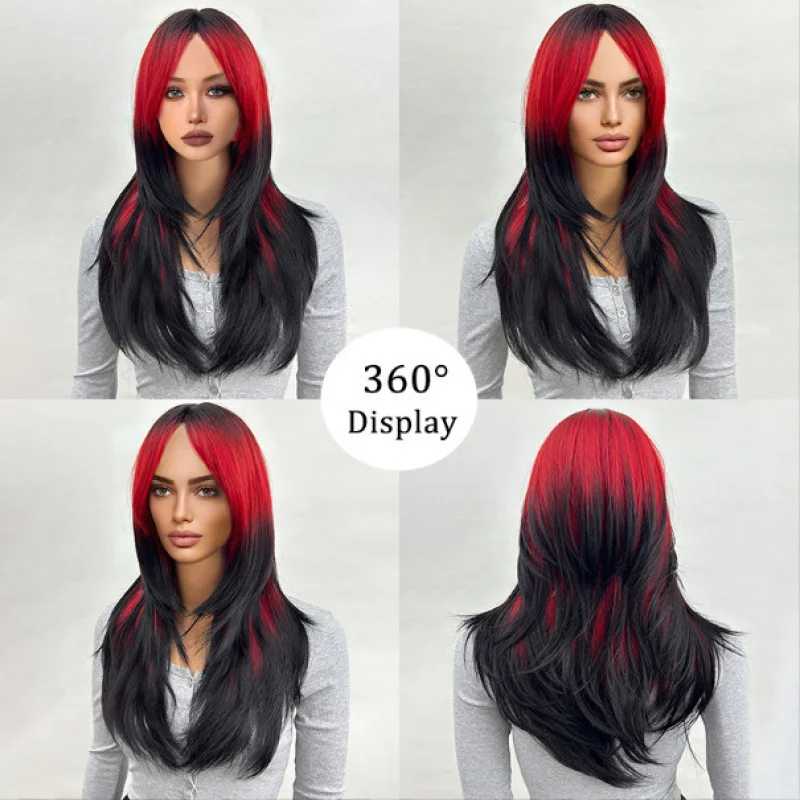 

European and American Style Wig for Women, Gradient Multi-color Medium-length Straight Hair Synthetic Wig