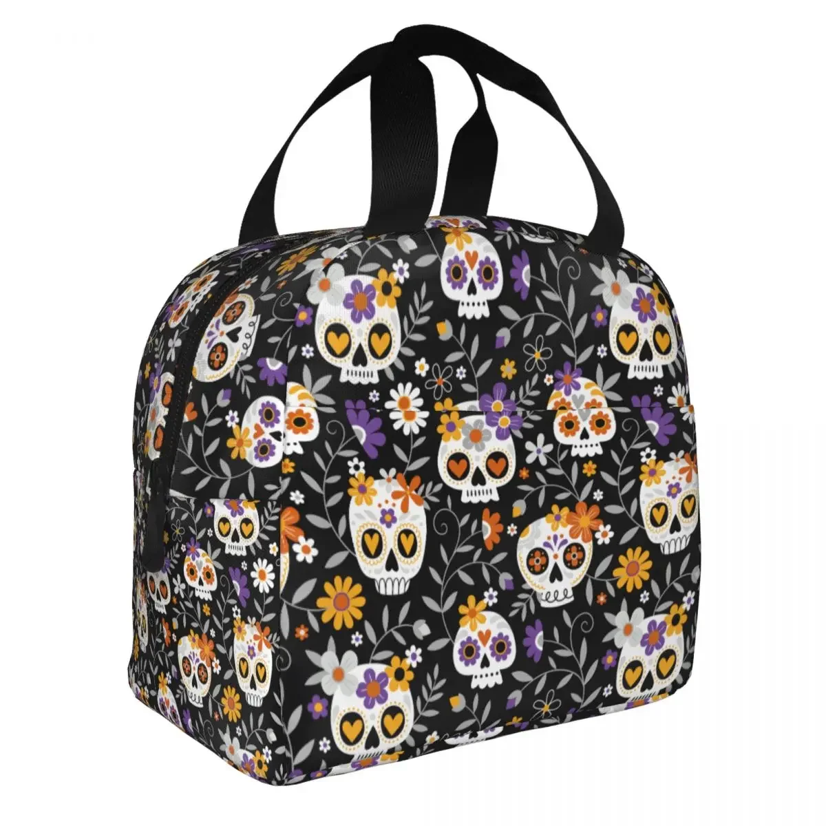 Fiambrera térmica con estampado de calaveras de azúcar para mujer y niño, fiambrera portátil con aislamiento Oxford, bonita