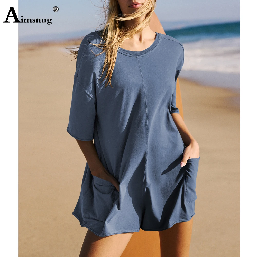 Aimsnug Women Fashion Leisure Short Dress Mini Vestidos 2023 New Summer Casual Beach Dresses Ladies Vintage Stand Pockets Dress