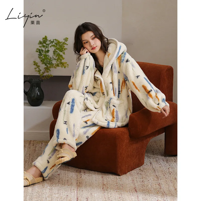 PJs Set Женский пижамный комплект Женские теплые зимние пижамы Модная домашняя одежда, утепленная пижама Милый и мягкий пижамный комплект новый