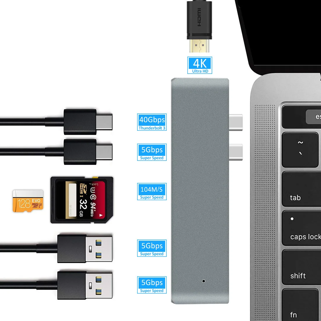 USB C Hub for MacBook Pro Air, USB-C Duo, HDMI-متوافق, 4K 60Hz, HDR, 100W, PD, 40Gbps, USB 3.1, Micro SD, قارئ بطاقة SD, 7 في 2