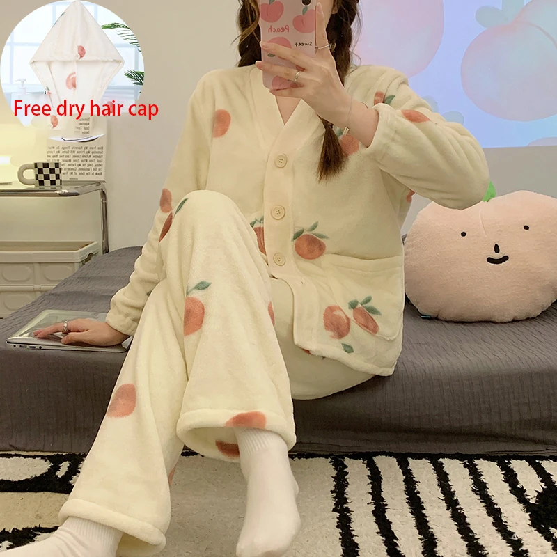 

Winter Flannel Ladies Pajamas Sweet Cardigan V-neck Button Cartoon Long Sleeve Pajamas Women's Coral Fleece 2 Piece Homewear