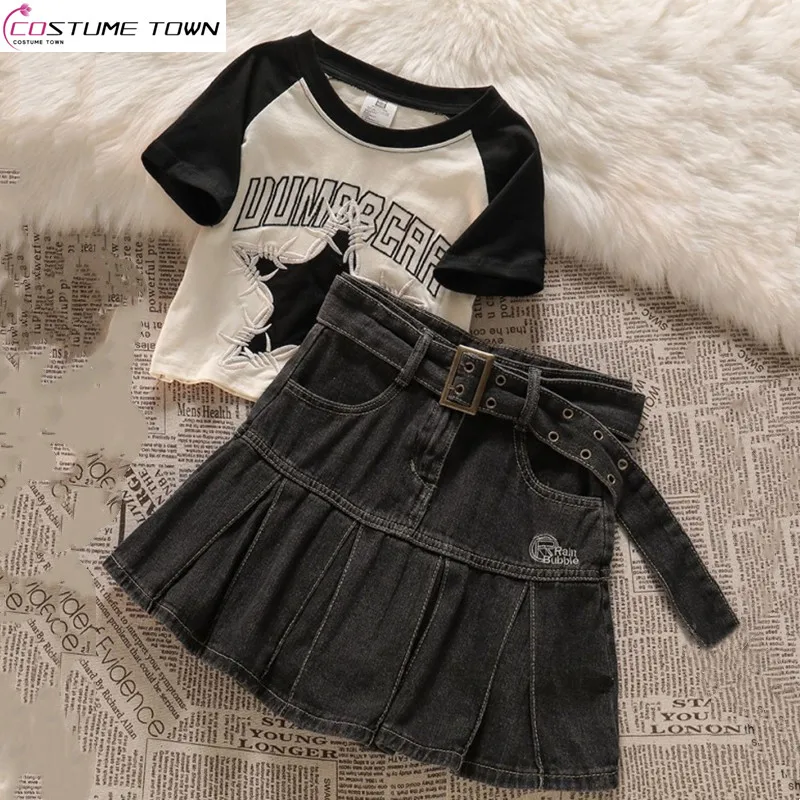 Sweet Cool Style Set American Spicy Girl Short Top Short Sleeve+High Waist Cowboy pleated Skirt Two Piece Set