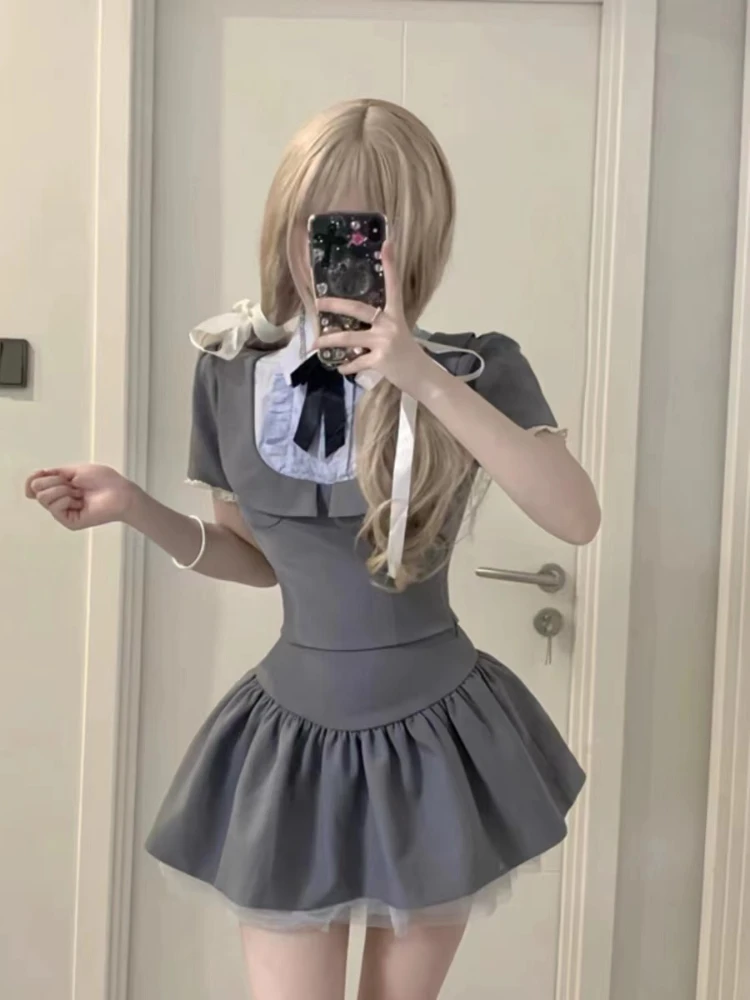 Korean Fashion Y2k Crop Tops High Waist Kawaii Slim Mini Skirt Hot Girls 2000s Preppy Style Grey 2 Piece Set Summer Women