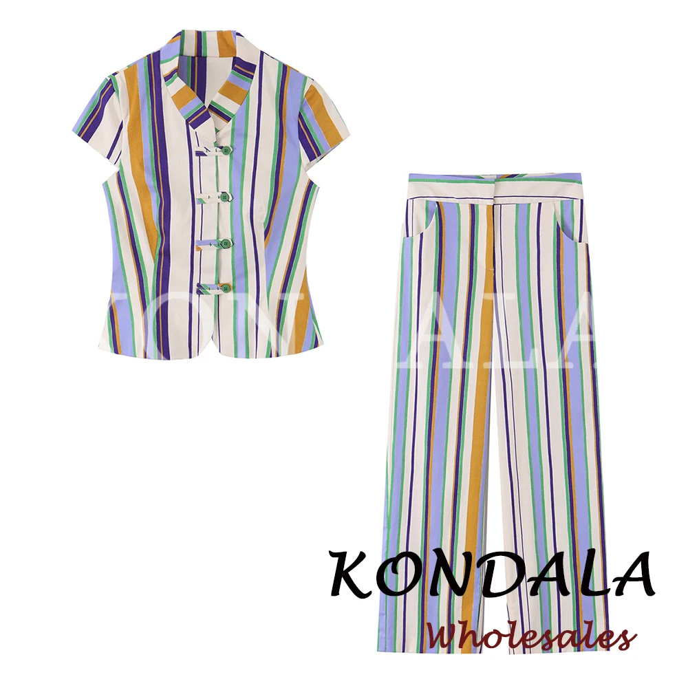 

KONDALA Chic 2026 Women Y2K Blue Striped Vintage Suit Short Sleeve Shirt+ Zipper Pockets Pants Casual Summer Elegant Female Set