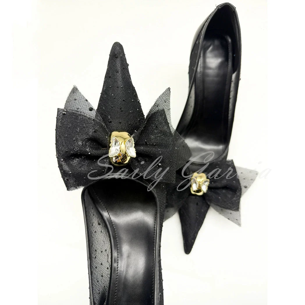 حجر الراين شبكة مضخات المرأة مثير أشار تو كعب ستيليتو القوس ديكور المعادن غير النظامية كعب جلد أنيقة فستان الحفلات الأحذية #3